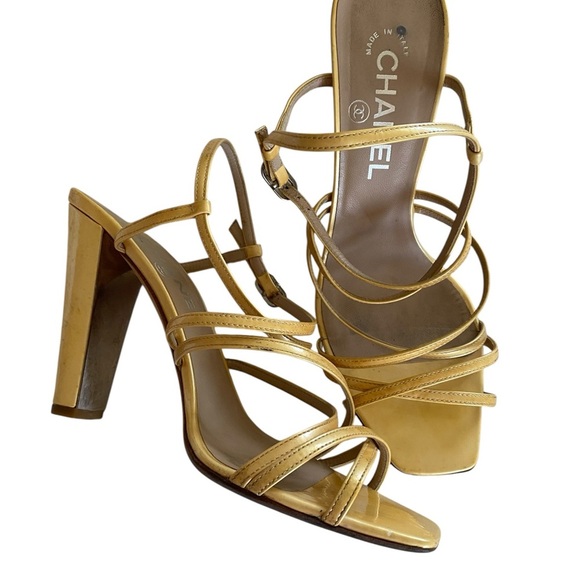 Authentic Chanel Gold Strappy Block Heel Sandals – Size 39.5 - Picture 7 of 16